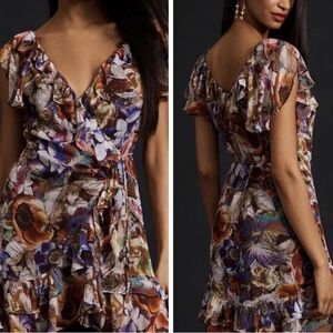 EUC Anthropologie Chiffon Floral Ruffle Wrap Dress XS/P
